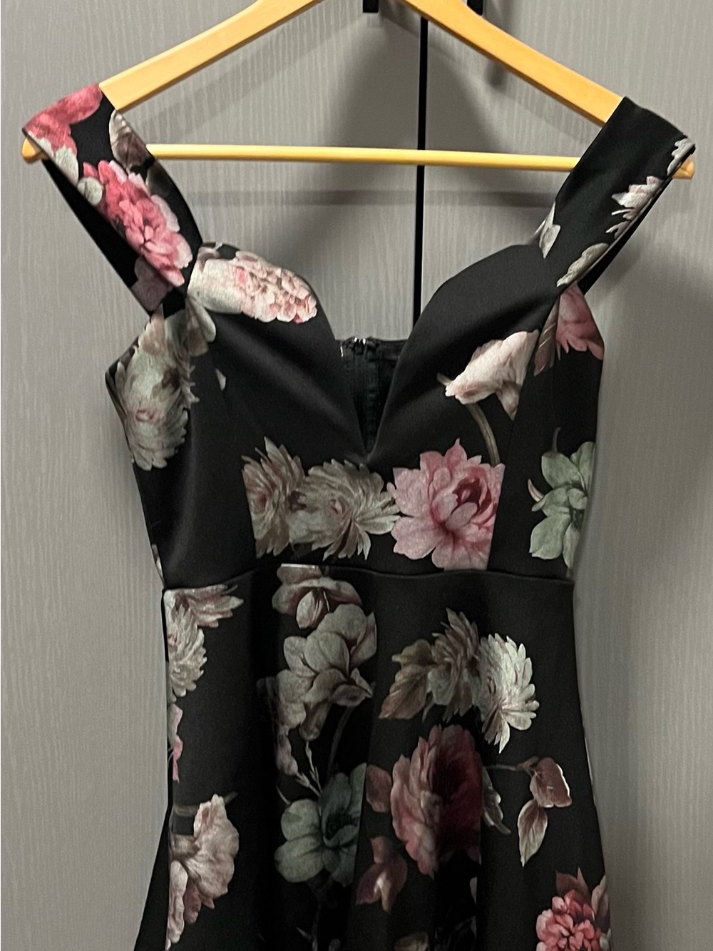 Black Floral Fit-and-Flare Dress with Pink & Green Blooms